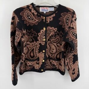 Vintage Tally-Ho Paisley Cardigan Sweater Womens Medium Black Brown Gold Buttons